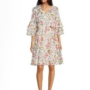 Calvin Klein White Pink Blue Bell Layered Sleeve Floral Pocket Cotton Wrap Dress